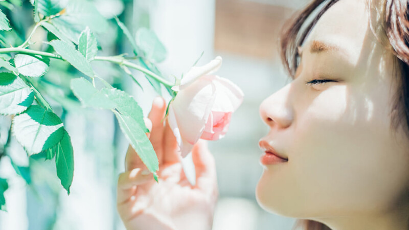 花の香を嗅いでいる女性の写真