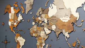 木製の世界地図の写真