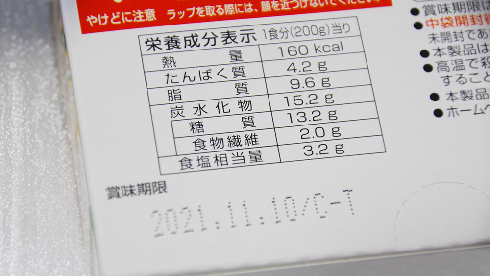 パッケージ裏面の栄養成分表示の写真