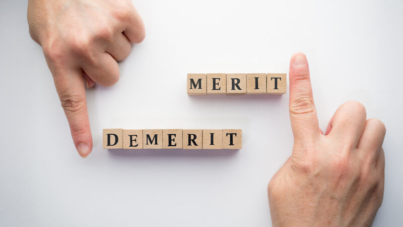 MERIT、DEMERITと書かれた木製のブロックが並んでいて、それぞれを指さしている写真