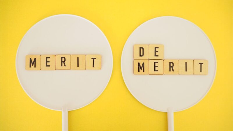 MERITとDEMERITと書いてある木製ブロックの写真