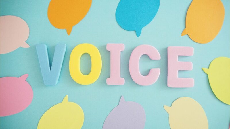VOICEと書いたブロックと無数のカラフルな吹き出しの写真