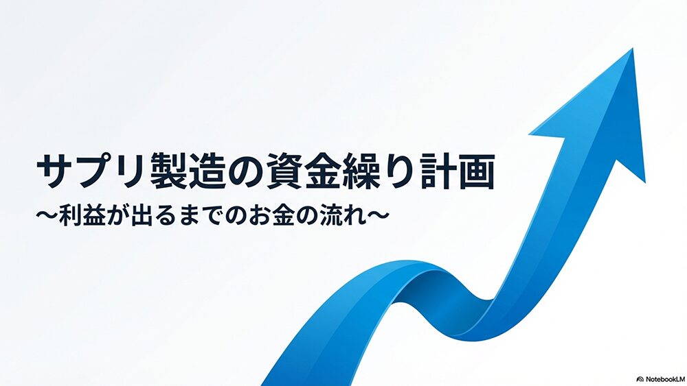 「サプリ製造の資金繰り計画」の文字と右上向きの矢印の写真