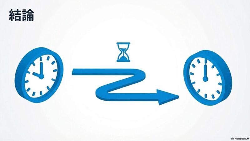 「結論」の文字と2つの時計の間に砂時計の写真