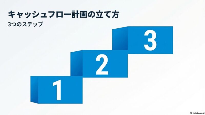 「キャッシュフロー計画の立て方」の文字と1・2・3と書いた階段の写真