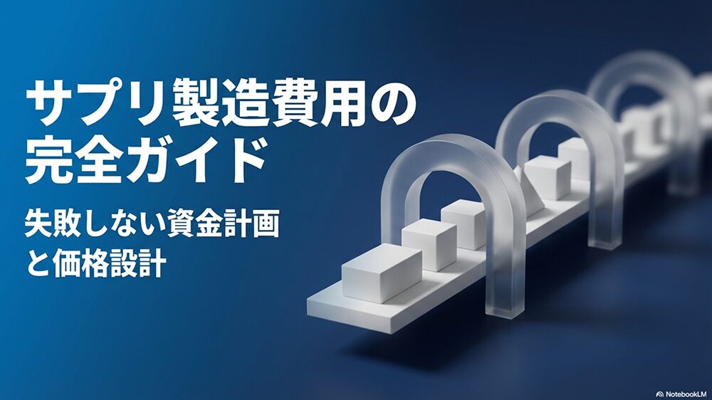 「サプリ製造費用の完全ガイド」の文字と箱が流れている写真