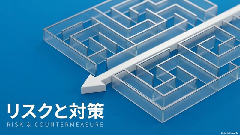 「リスクと対策」の文字と迷路を抜ける矢印の写真