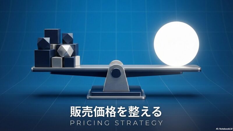 「販売価格を整える」の文字とブロックと証明を天秤にかけている写真