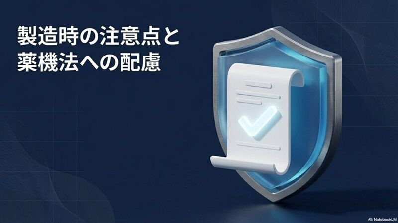 「製造時の注意点と薬機法への配慮」の文字と盾と書類の写真
