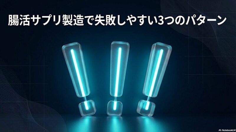 「腸活サプリで失敗しやすい3つのパターン」の文字と3つの感嘆符の写真