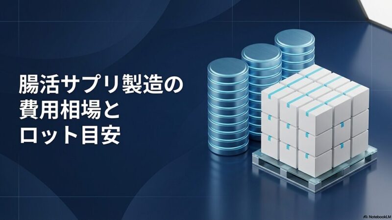 「腸活サプリ製造の費用相場とロットの目安」の文字とお金と箱の写真