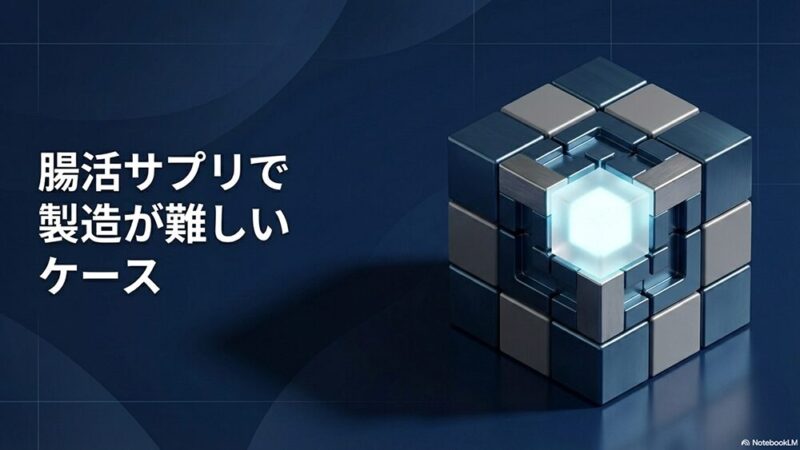 「腸活サプリで製造が難しいケース」の文字とキューブパズルの写真