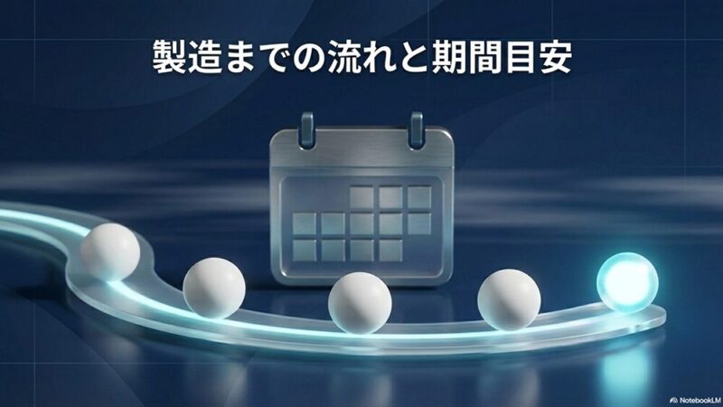「製造までの流れと期間目安」の文字とカレンダーの写真