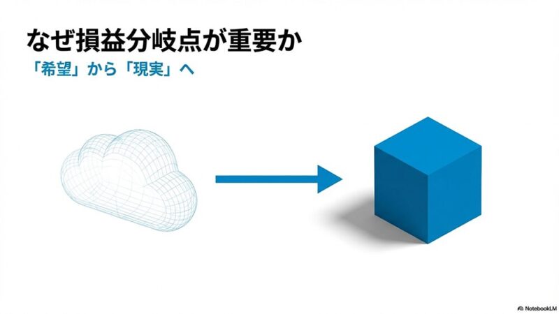 「なぜ損益分岐点が重要か」の文字と無形の雲が有形のブロックに変わる写真