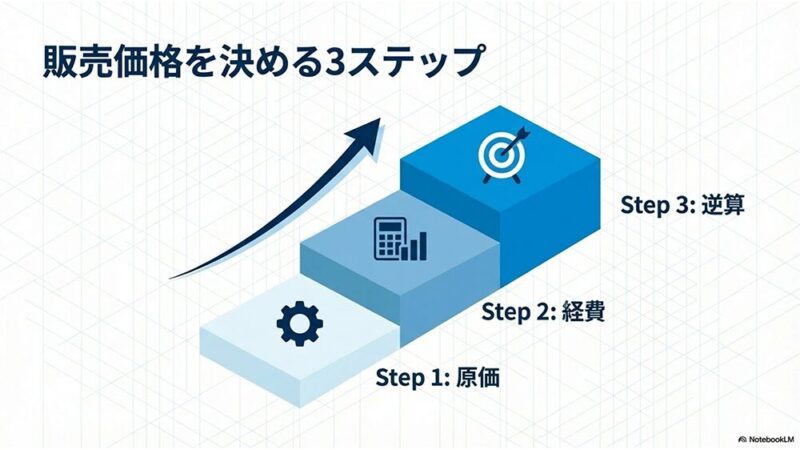 「販売価格を決める3ステップ」の文字と会談の写真