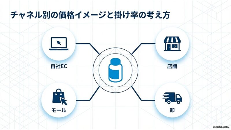 「チャネル別の価格イメージと書け率の考え方」の文字とサプリとパソコン・店・カゴ・トラックの写真