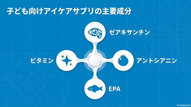 「子ども向けアイケアサプリの主要成分」の文字と各成分の写真