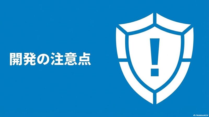 「開発の注意点」の文字と感嘆符の写真