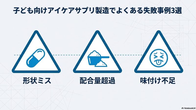 「子ども向けアイケアサプリ製造でよくある失敗事例3選」のもじとサプリ形状やまずそうな表情の写真