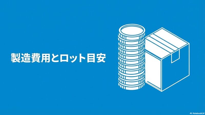 「製造費用とロットの目安」の文字とお金と箱の写真