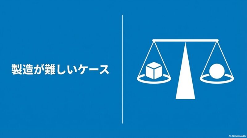 「製造が難しいケース」の文字と天秤の写真