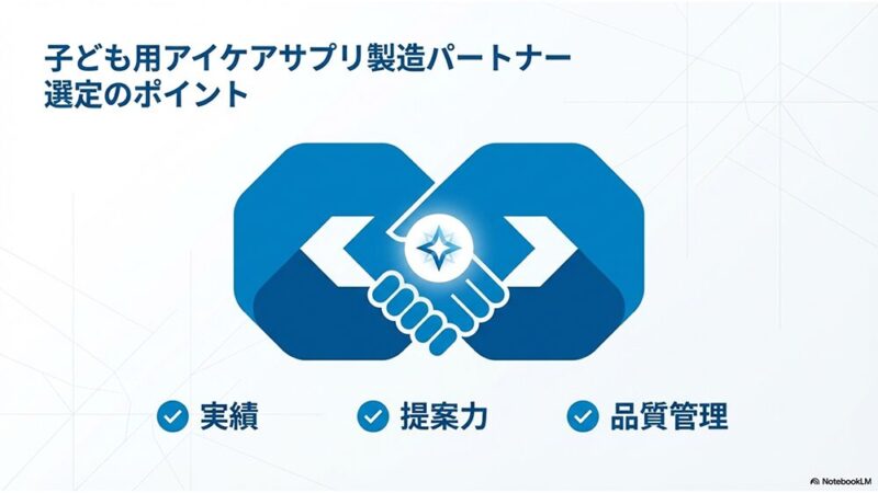 「子ども用アイケアサプリ製造パートナー選定のポイント」の文字と握手している写真