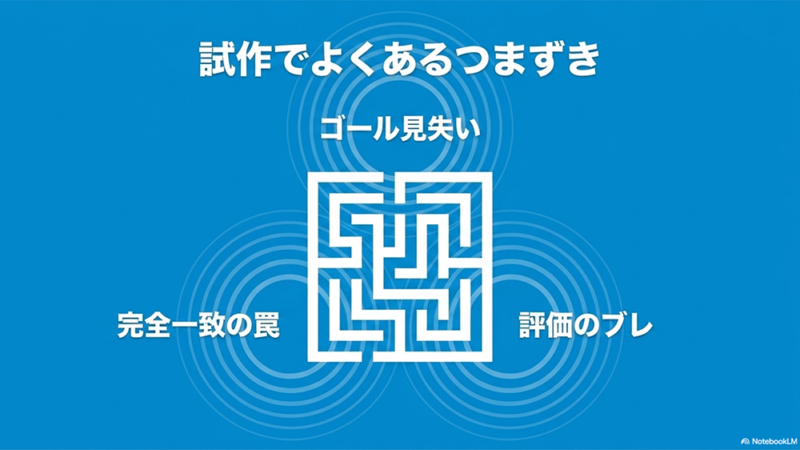 迷路のイラストと「試作でよくあるつまずき」と書いてある写真