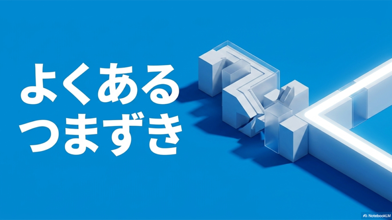 障害物のイラストと「よくあるつまずき」と書いてある写真