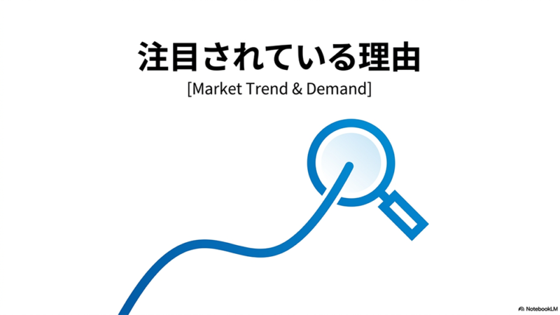 虫眼鏡のイラストと「注目されている理由」と書いている写真