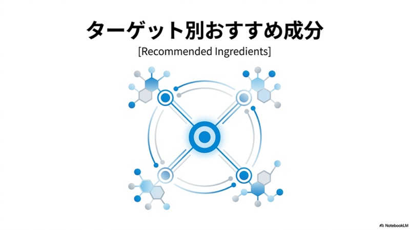 化学式のイラストと「ターゲット別おすすめ成分」と書いてある写真
