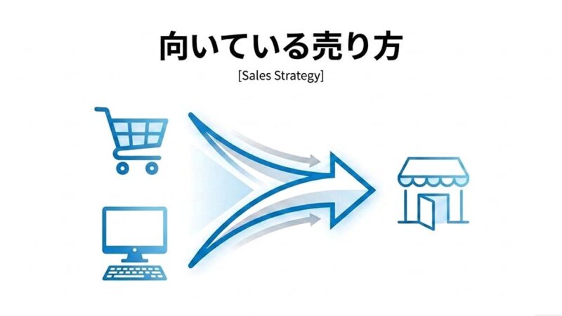 カートやパソコンから家に矢印が伸びているイラストと「向いている売り方」と書いてある写真
