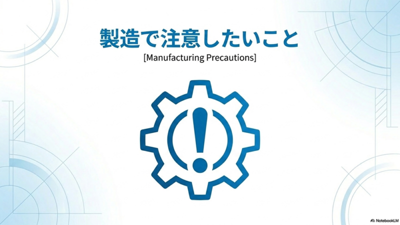 歯車と！マークのイラストと「製造で注意したいこと」と書いてある写真