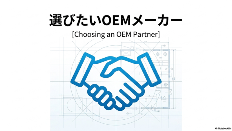 設計図と握手しているイラストと「選びたいOEMメーカー」と書いてある写真