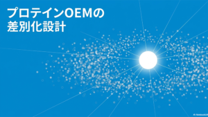円形と放射線のイラストと「プロテインOEMの差別化設計」と書いてある写真