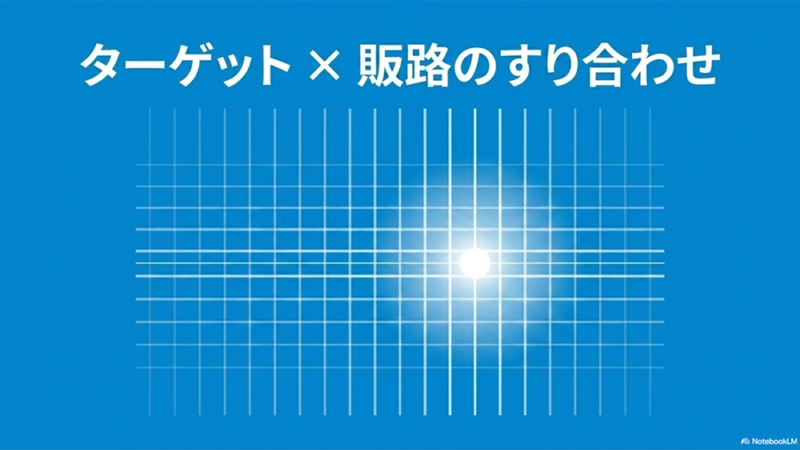 縦横の線の交点のイラストと「ターゲット×販路のすり合わせ」と書いてある写真