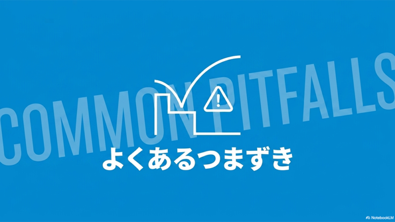 階段とコーションプレートのイラストと「よくあるつまずき」と書いてある写真