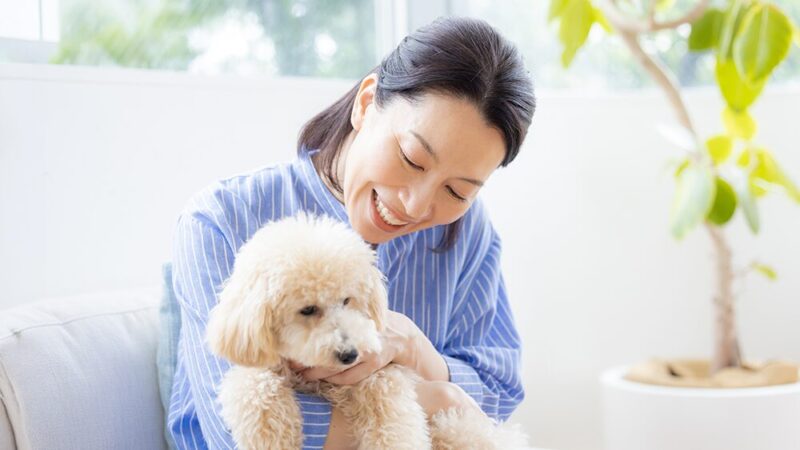 犬を笑顔で抱っこしている女性の写真