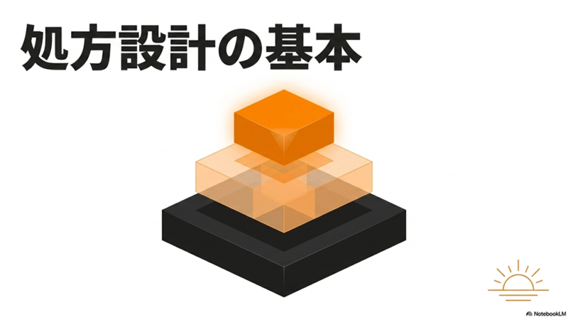 処方設計の基本というテキストとブロックが積みあがっているイラストの写真