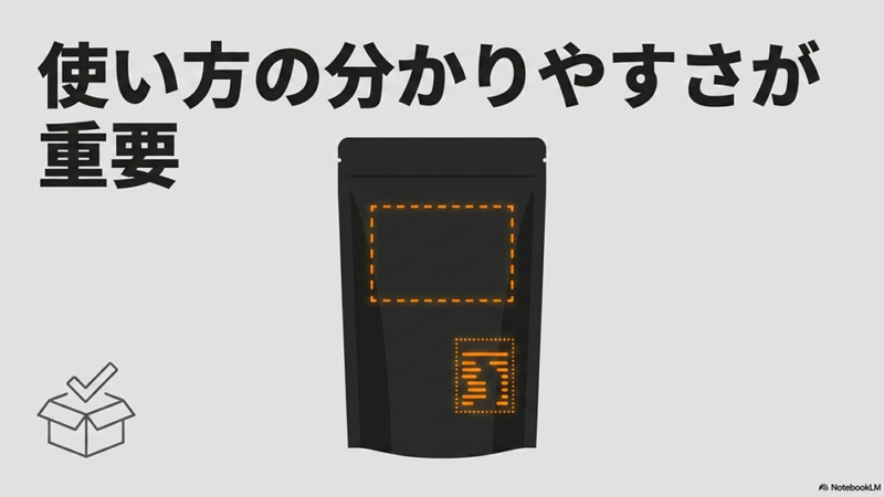 使い方のわかりやすさが重要というテキストとプロテインの袋のイラストの写真