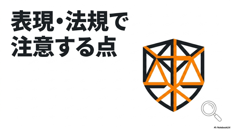 表現・法規で注意する点というテキストと盾のイラストの写真