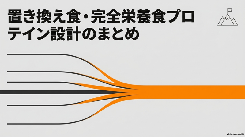 置き換え食・完全栄養食プロテイン設計のまとめというテキストと線がつながっていくイラストの写真