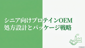 シニア向けプロテインOEM｜処方設計とパッケージ戦略と書いたテキストと工場と握手している手のイラストの写真