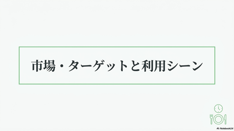市場・ターゲットと利用シーンというテキストと時計と食事のイラストの写真