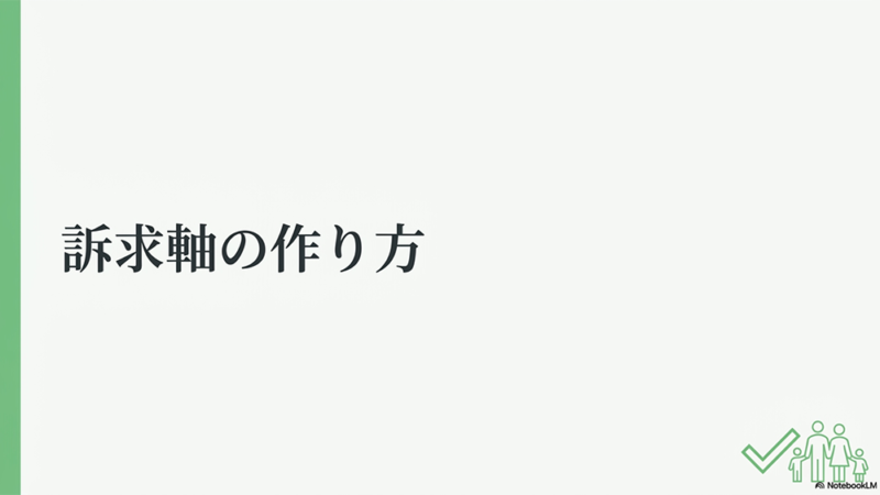 訴求軸の作り方というテキストと手をつないでいる家族のイラストの写真
