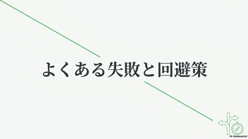 よくある失敗と回避策と書いたテキストと分岐ルートと方位磁針のイラストの写真