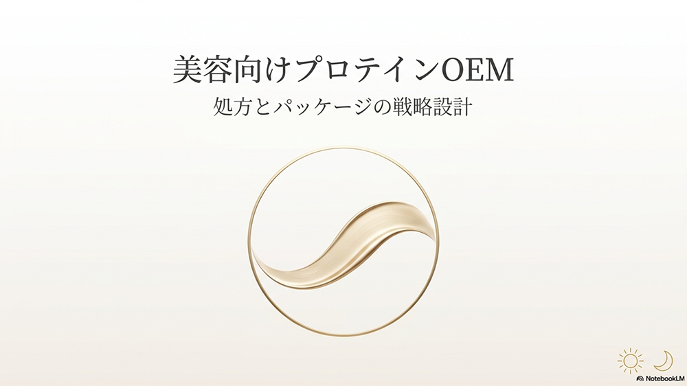美容向けプロテインOEM　処方とパッケージの戦略設計というテキストと円のイラストの写真