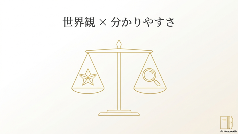 世界観×わかりやすさというテキストと天秤のイラストの写真