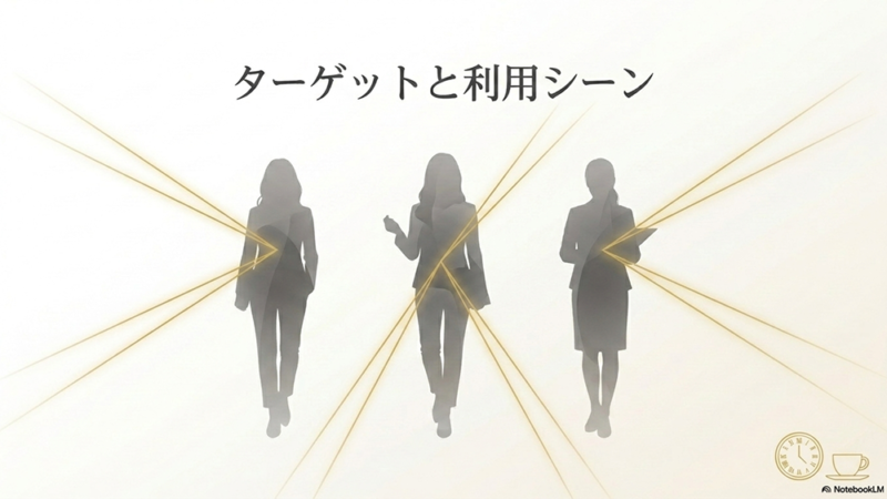 ターゲットと利用シーンというテキストと女性のシルエットとフォーカスのイラストの写真