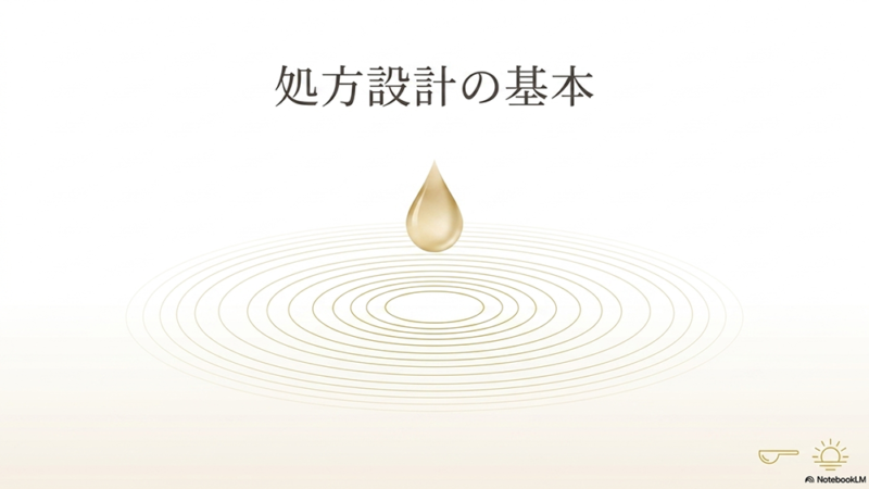 処方設計の基本というテキストと雫のイラストの写真