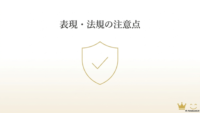 表現・法規の注意点と書いたテキストと盾のイラストの写真
